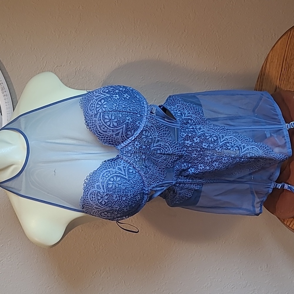 Victoria's Secret Very Sexy 36C blue halter bustier garter slip mesh and…